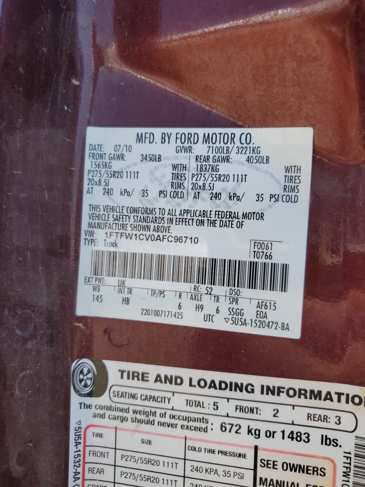 1FTFW1CV0AFC96710 2010 Ford F150 Supercrew