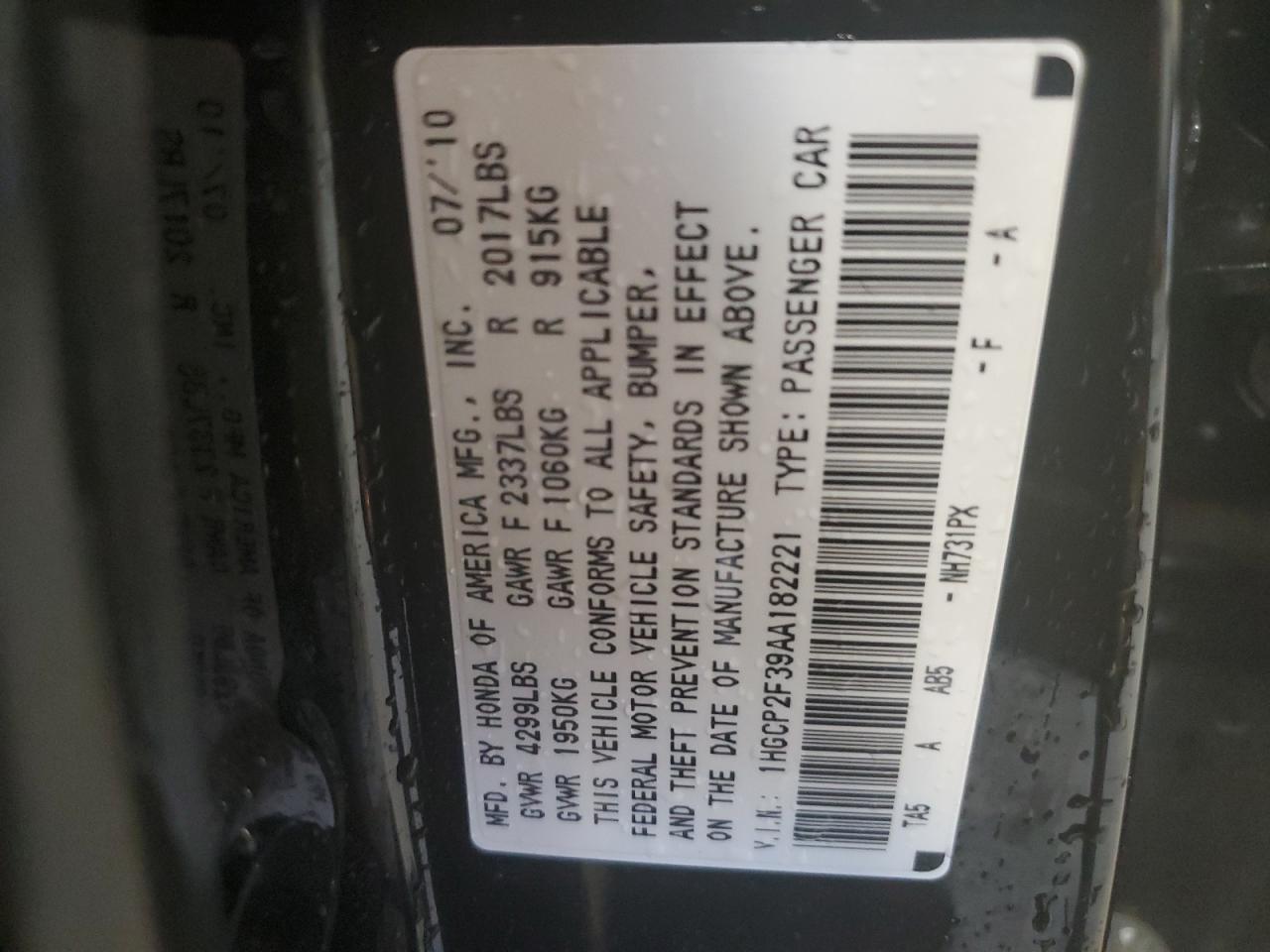 1HGCP2F39AA182221 2010 Honda Accord Lx