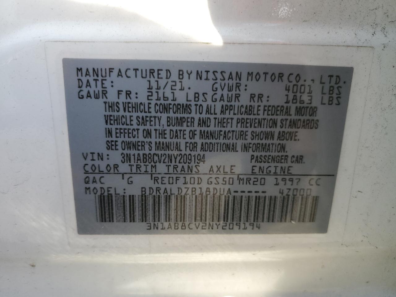 2022 NISSAN SENTRA SV 2.0L  4(VIN: 3N1AB8CV2NY209194