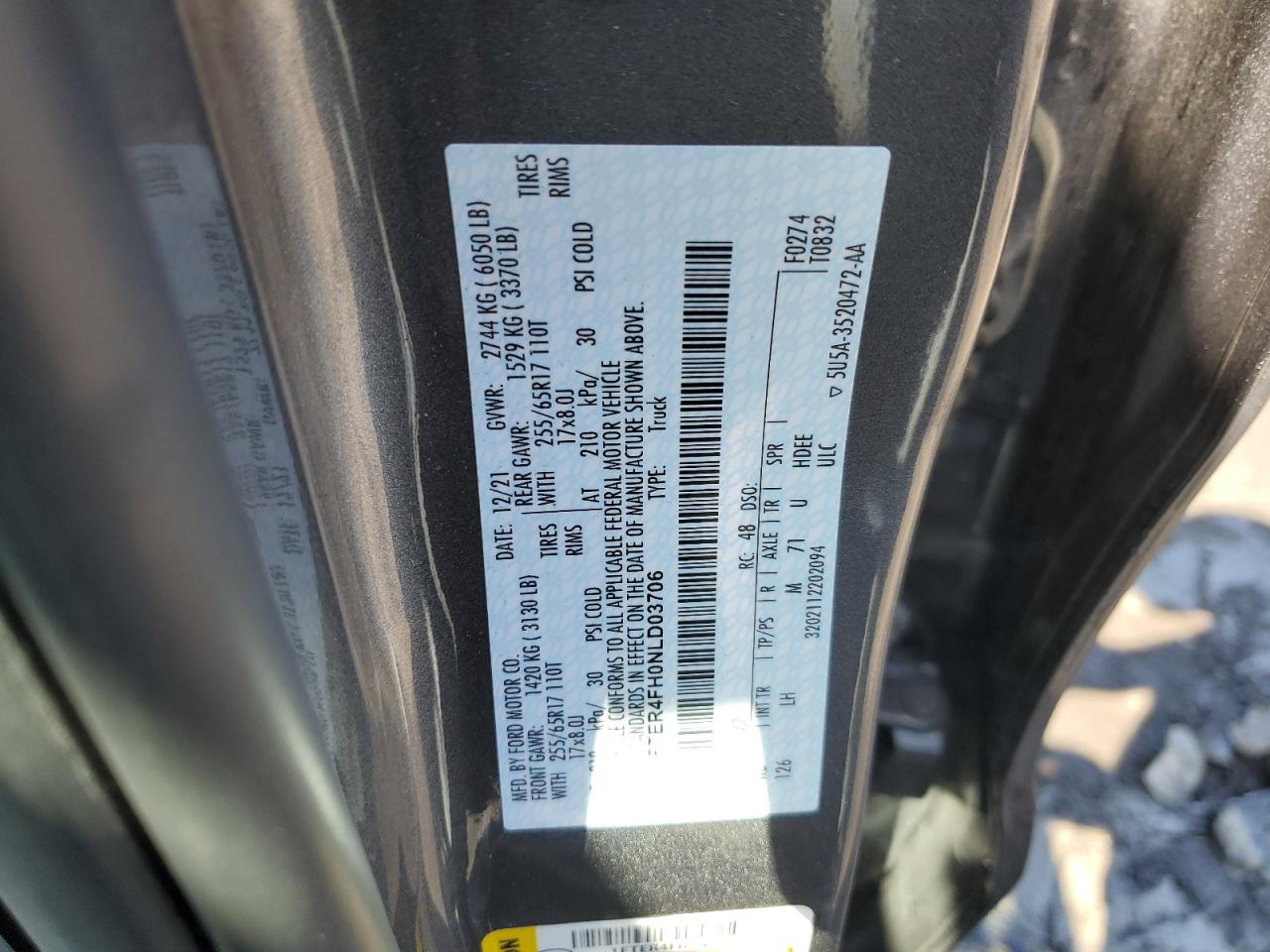 VIN: 1FTER4FH0NLD03706 2022 FORD RANGER