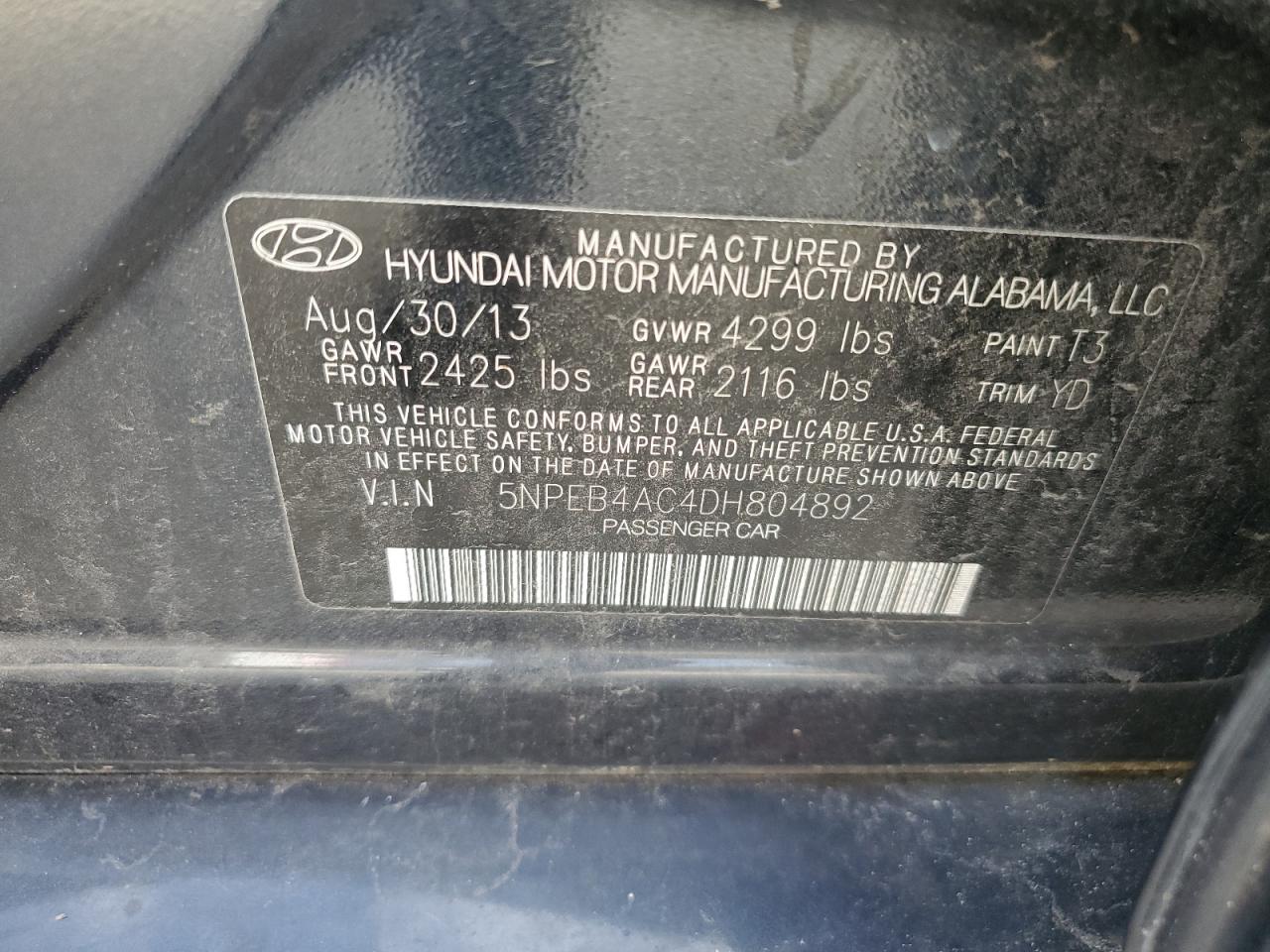 5NPEB4AC4DH804892 2013 Hyundai Sonata Gls