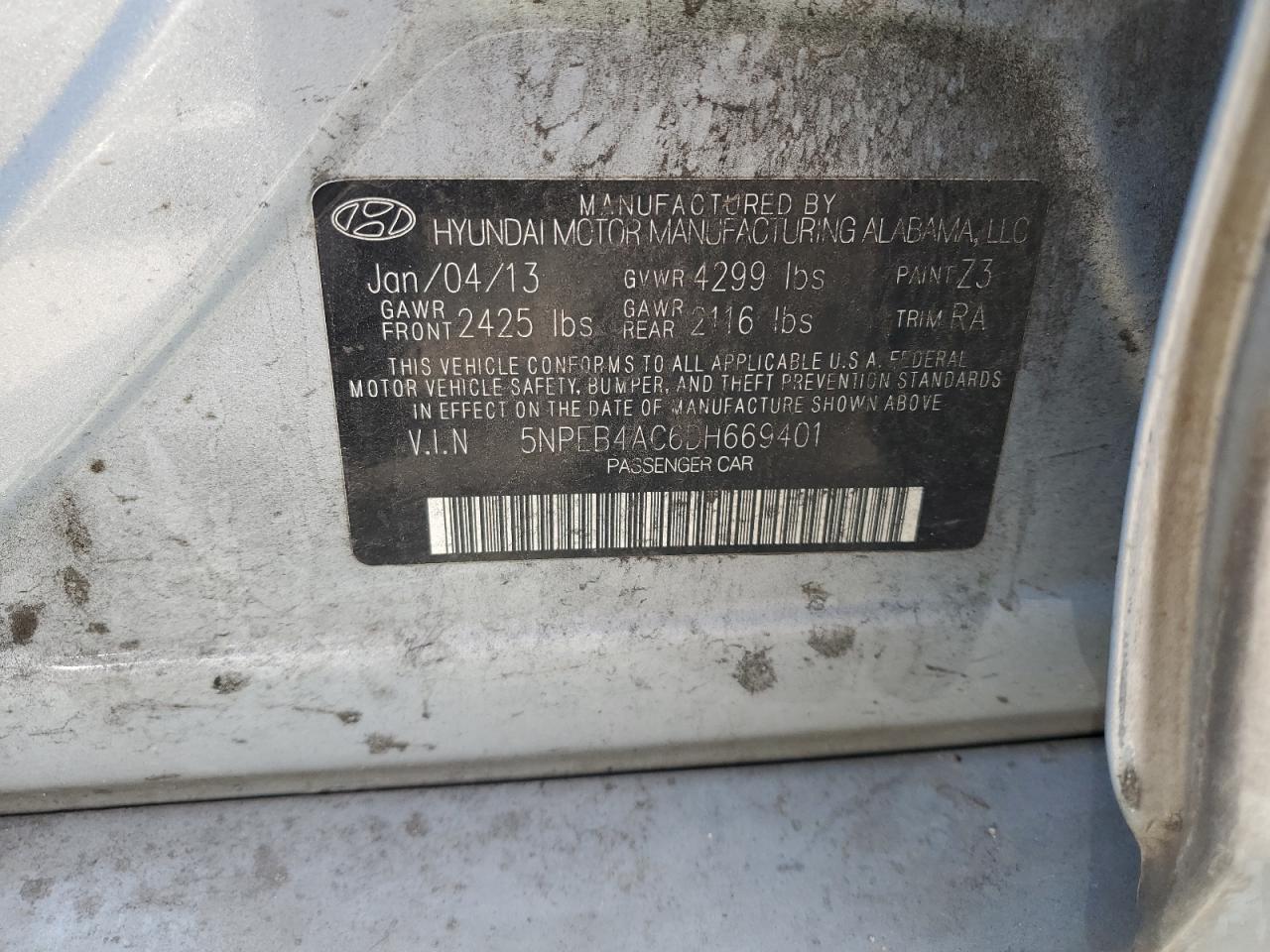 5NPEB4AC6DH669401 2013 Hyundai Sonata Gls