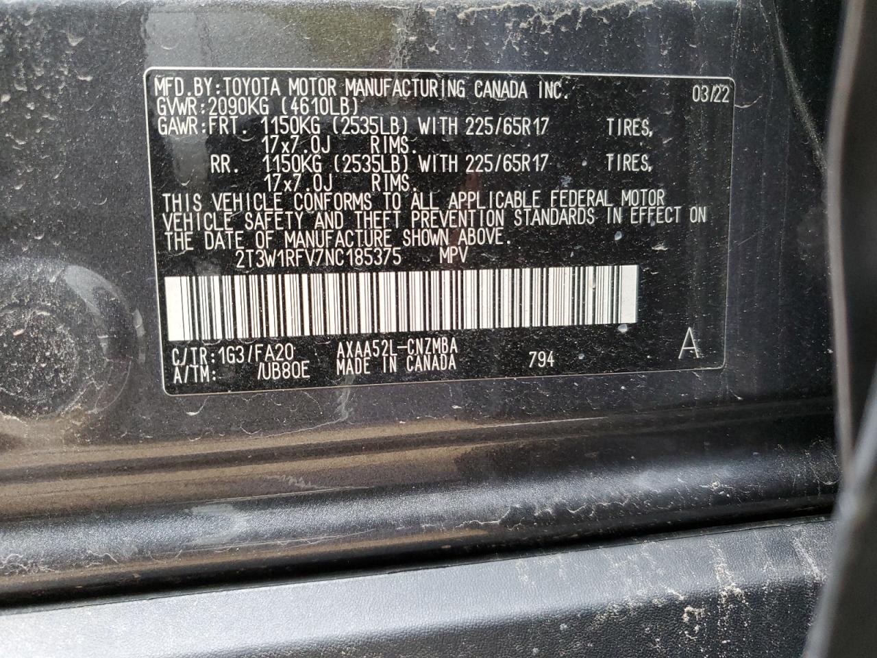 2T3W1RFV7NC185375 2022 Toyota Rav4 Xle