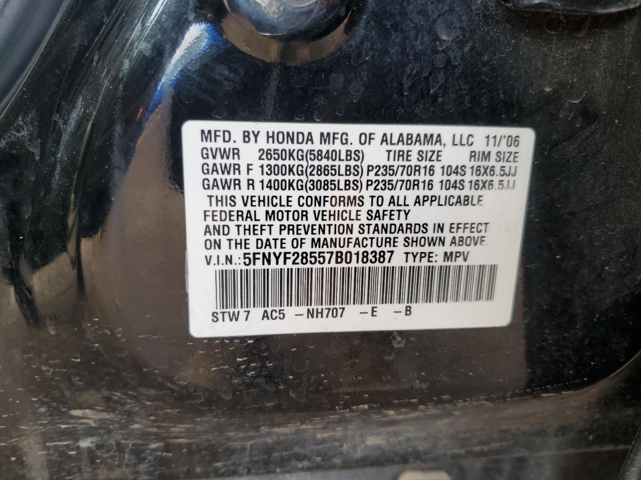 5FNYF28557B018387 2007 Honda Pilot Exl