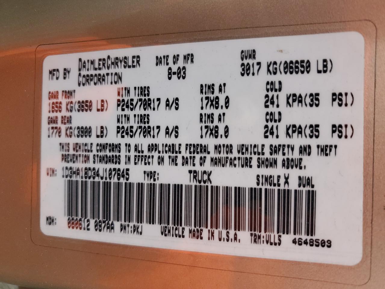 1D3HA18D34J107645 2004 Dodge Ram 1500 St