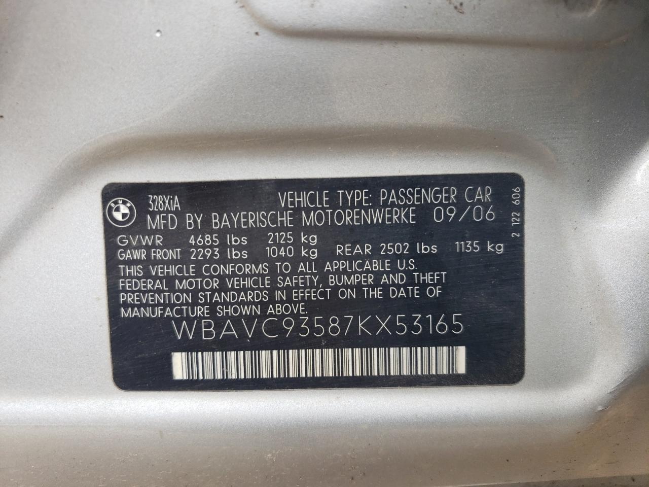 WBAVC93587KX53165 2007 BMW 328 Xi