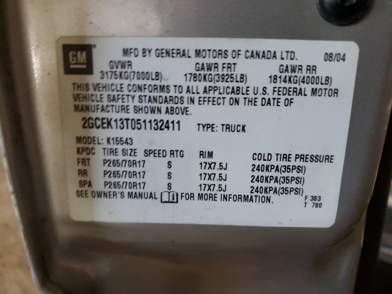 2GCEK13T051132411 2005 Chevrolet Silverado K1500