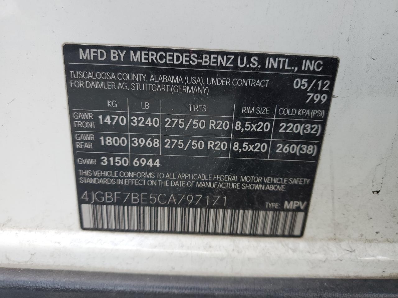 4JGBF7BE5CA797171 2012 Mercedes-Benz Gl 450 4Matic