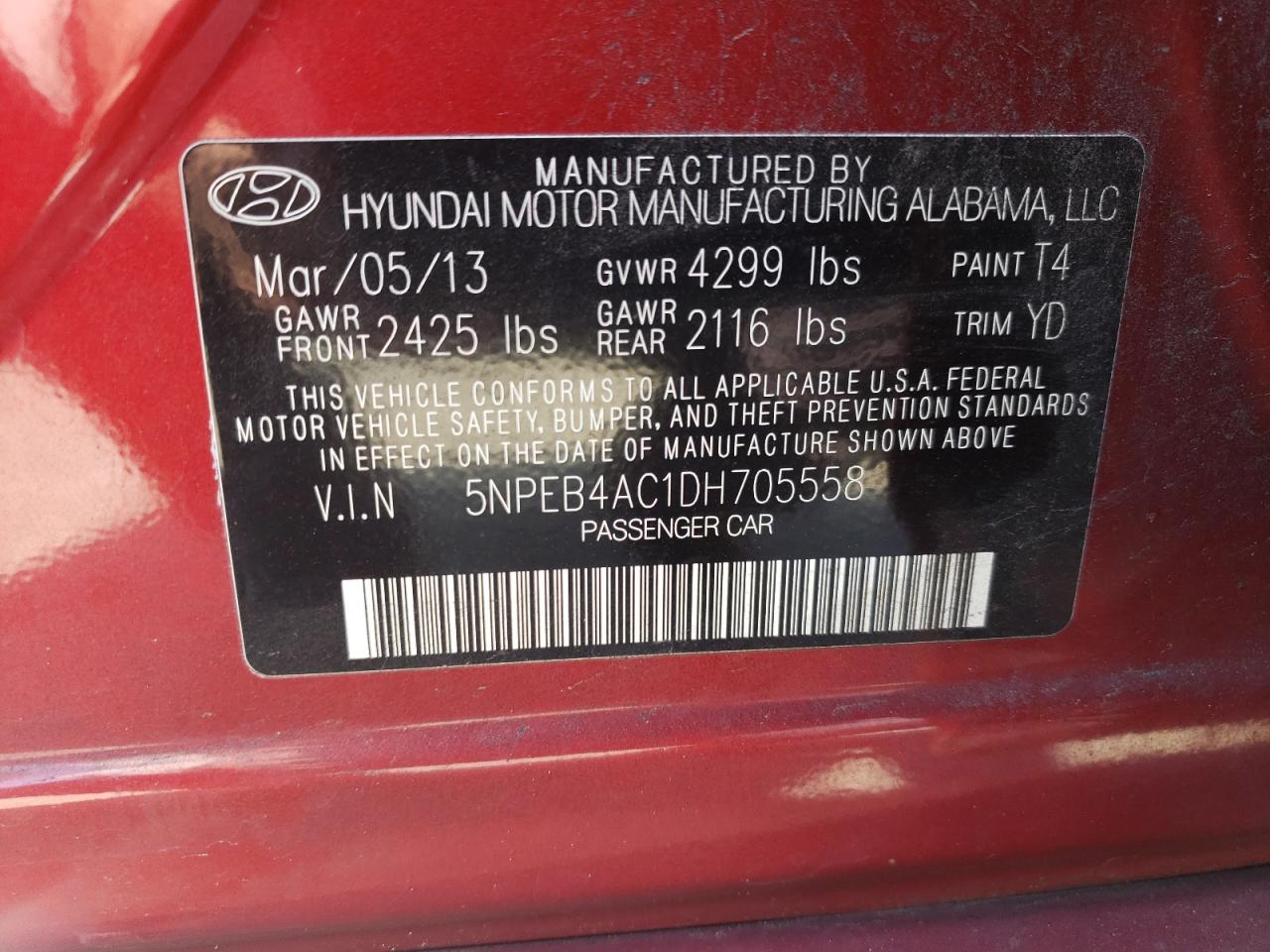 5NPEB4AC1DH705558 2013 Hyundai Sonata Gls