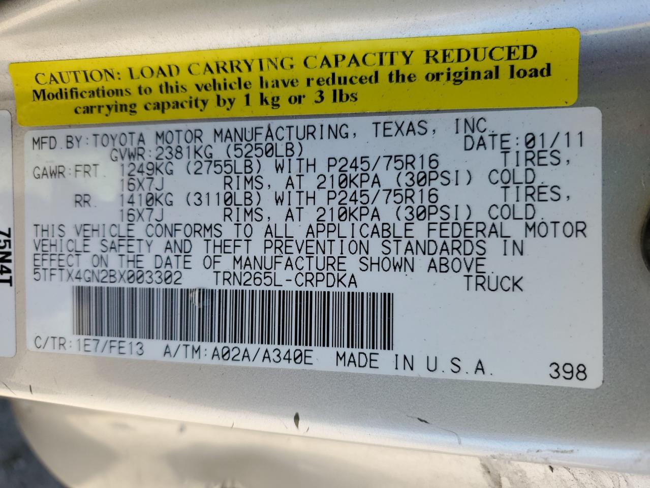 5TFTX4GN2BX003302 2011 Toyota Tacoma Prerunner Access Cab