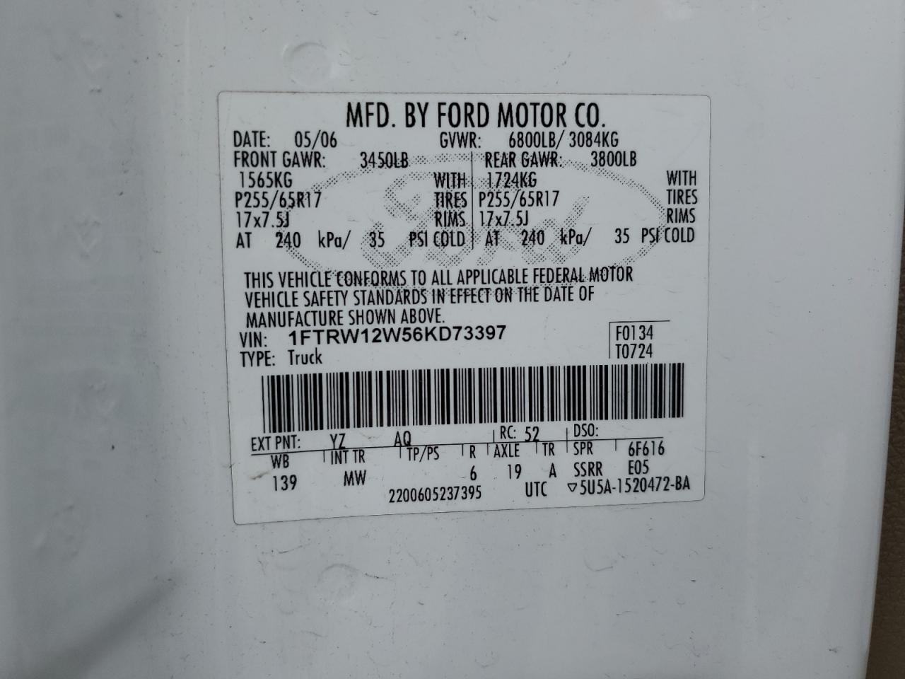 1FTRW12W56KD73397 2006 Ford F150 Supercrew