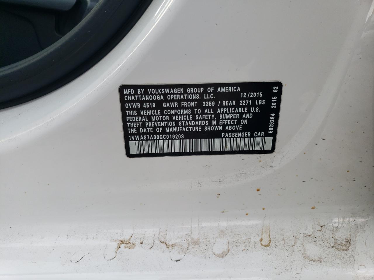 1VWAS7A30GC019203 2016 Volkswagen Passat S