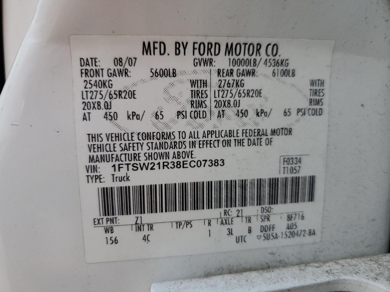 1FTSW21R38EC07383 2008 Ford F250 Super Duty