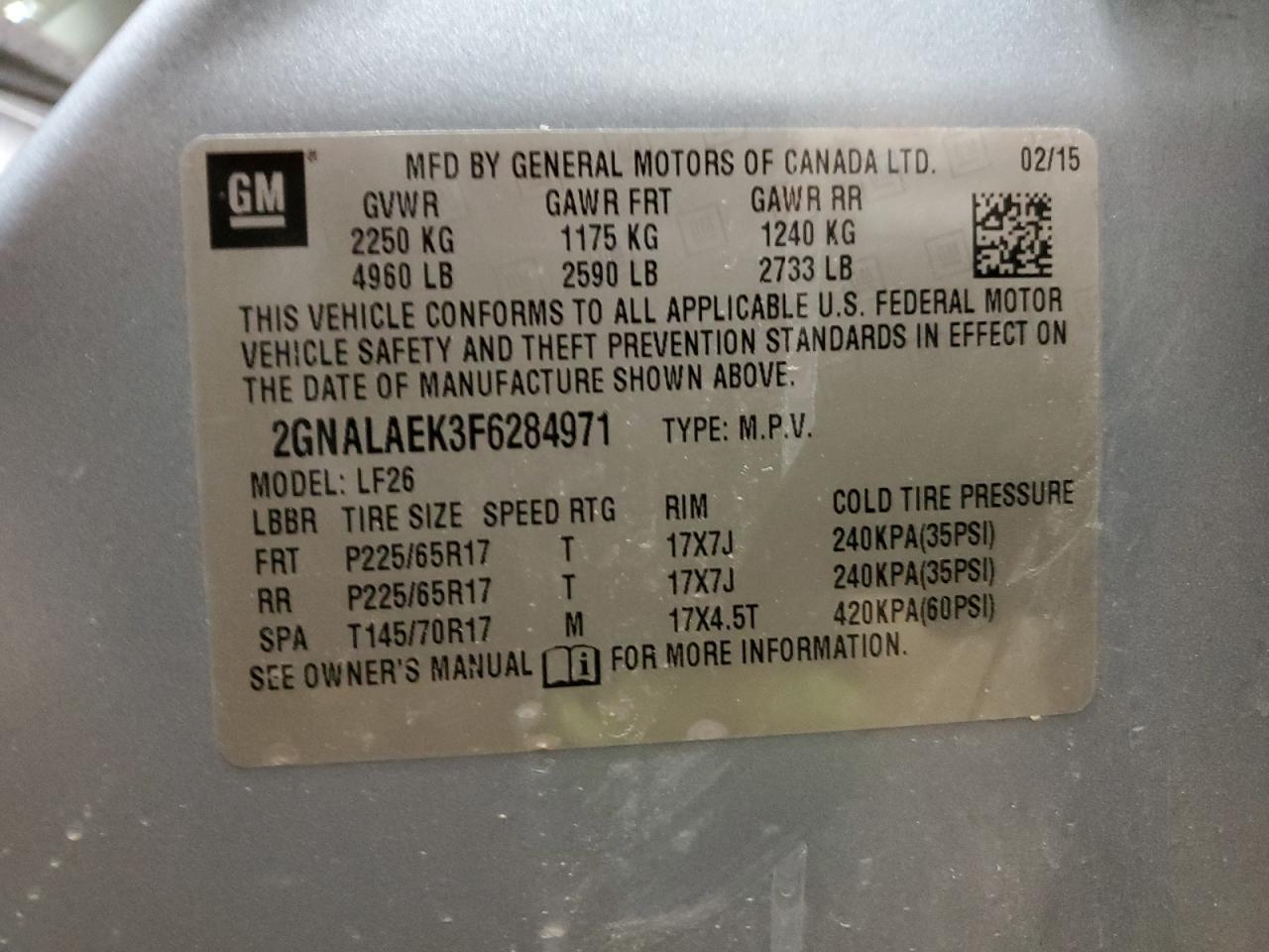 2GNALAEK3F6284971 2015 Chevrolet Equinox Ls