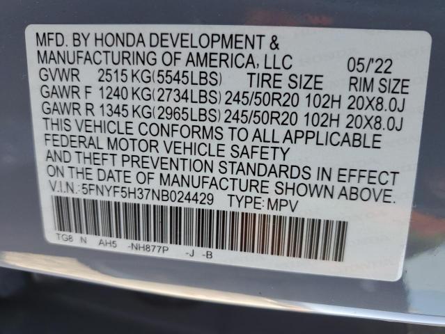 2022 HONDA PILOT SPOR - 5FNYF5H37NB024429