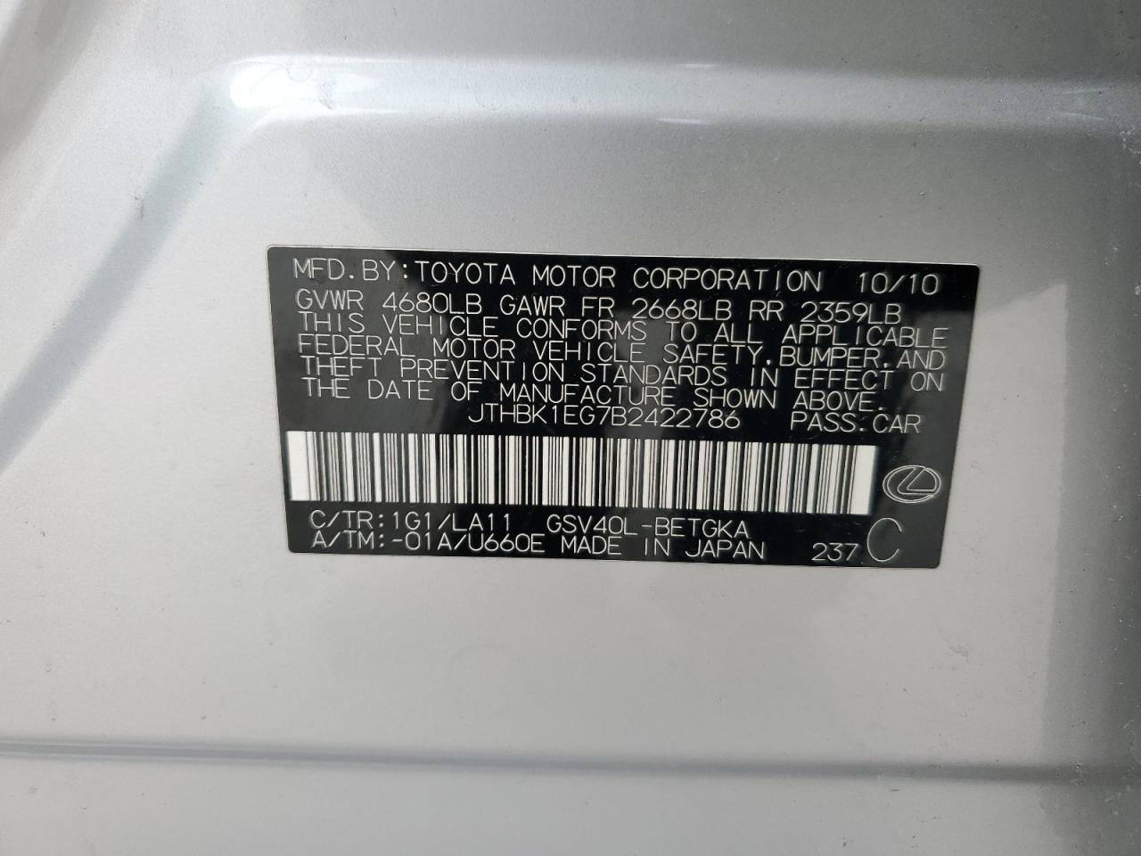 JTHBK1EG7B2422786 2011 Lexus Es 350