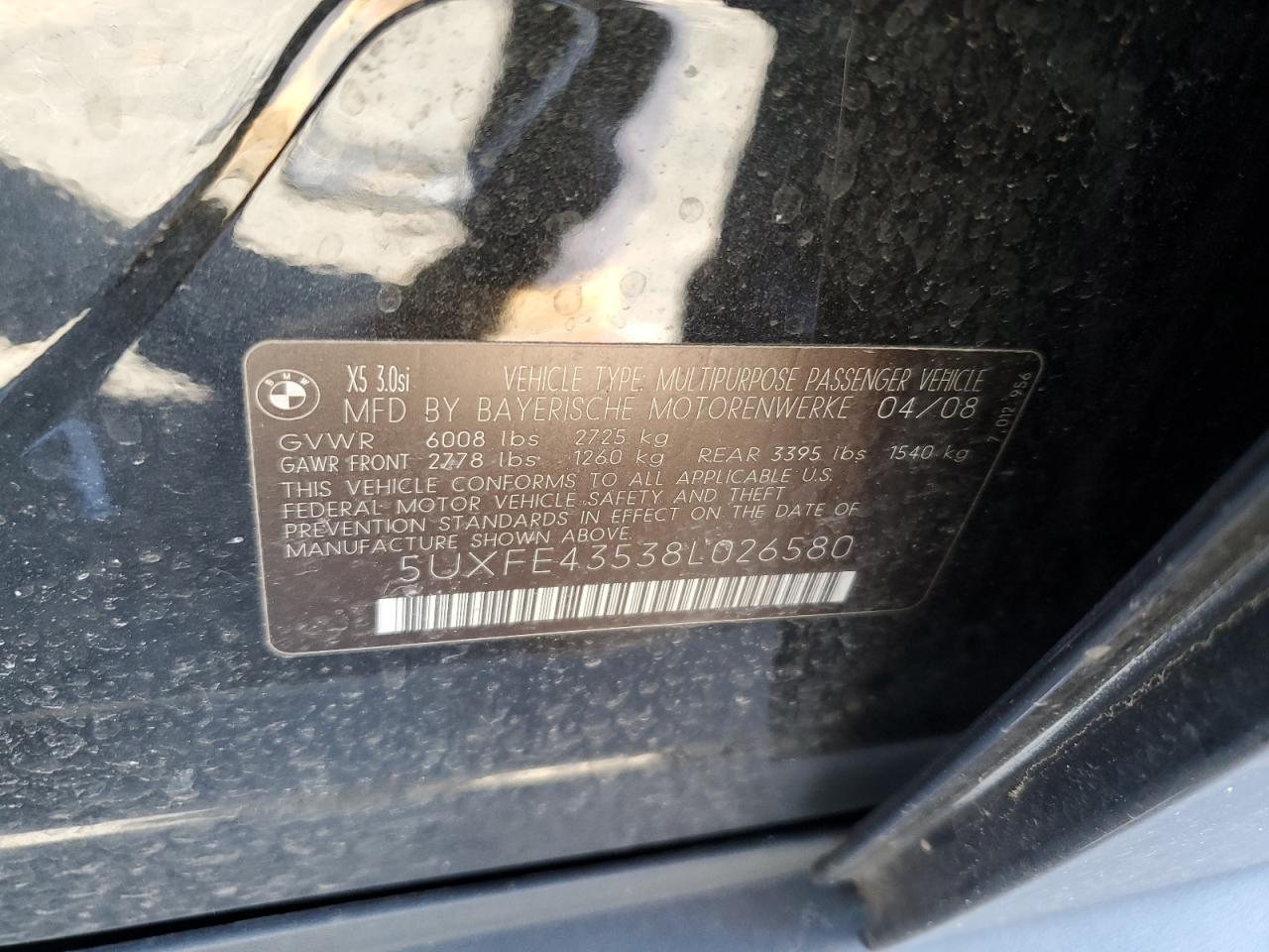 5UXFE43538L026580 2008 BMW X5 3.0I