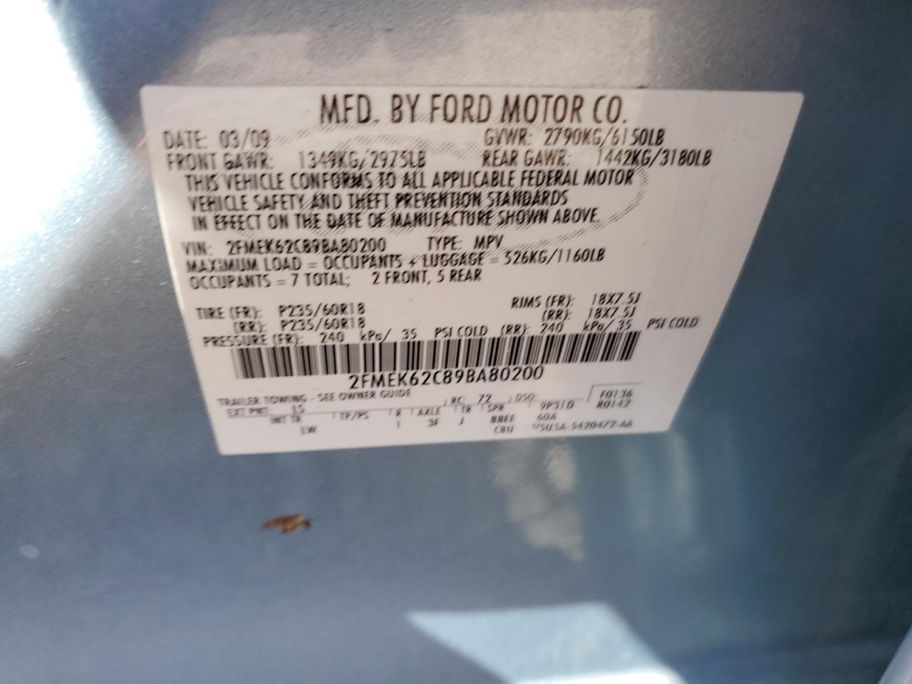 2FMEK62C89BA80200 2009 Ford Flex Sel