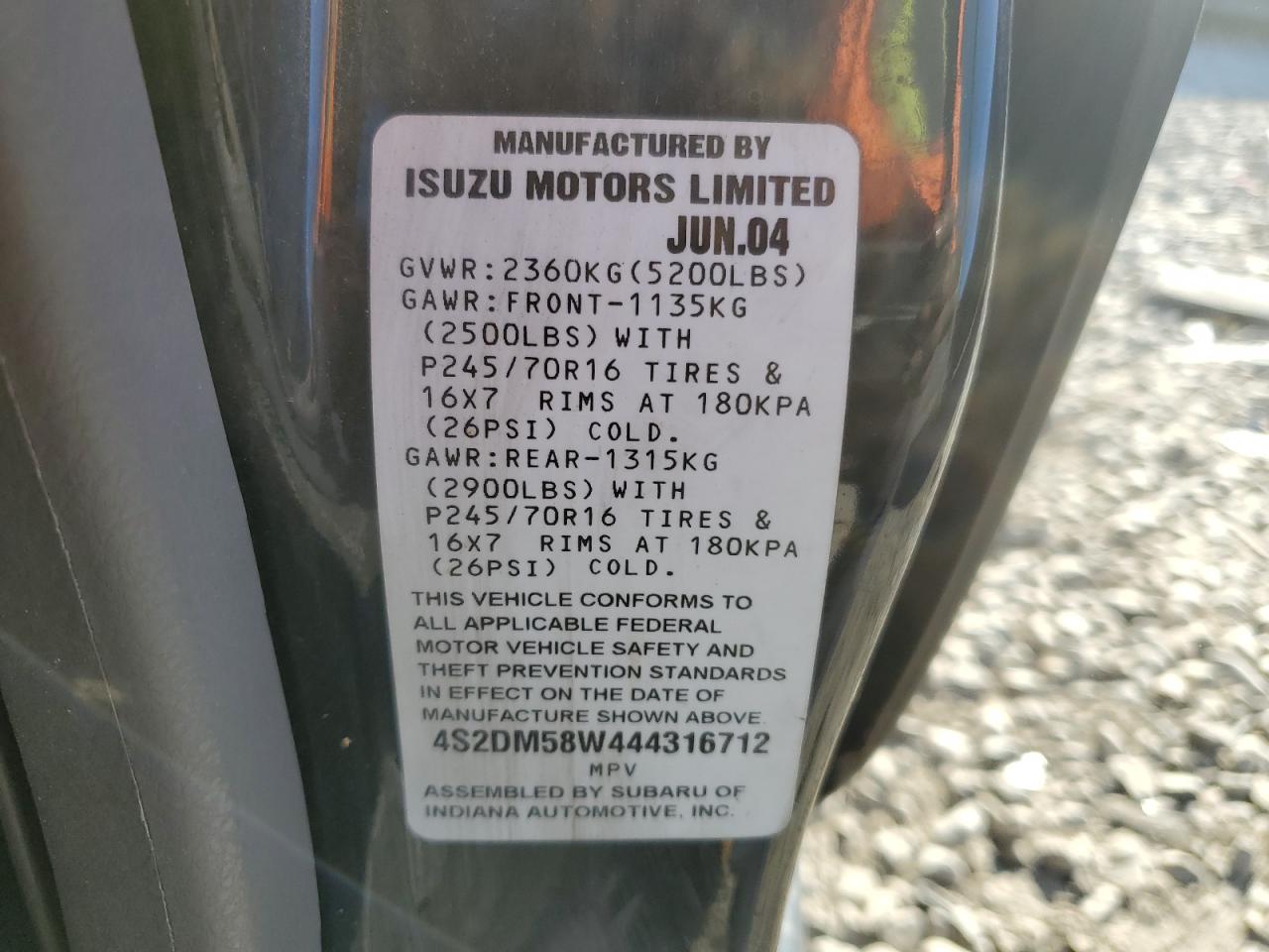 4s2dm58w444316712 4S2DM58W444316712 2004 Isuzu Rodeo S