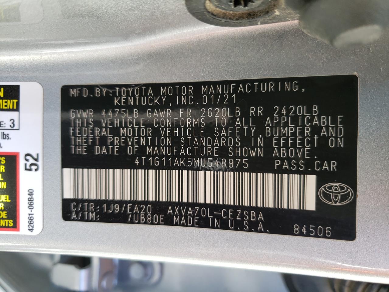 4T1G11AK5MU548975 2021 Toyota Camry Se