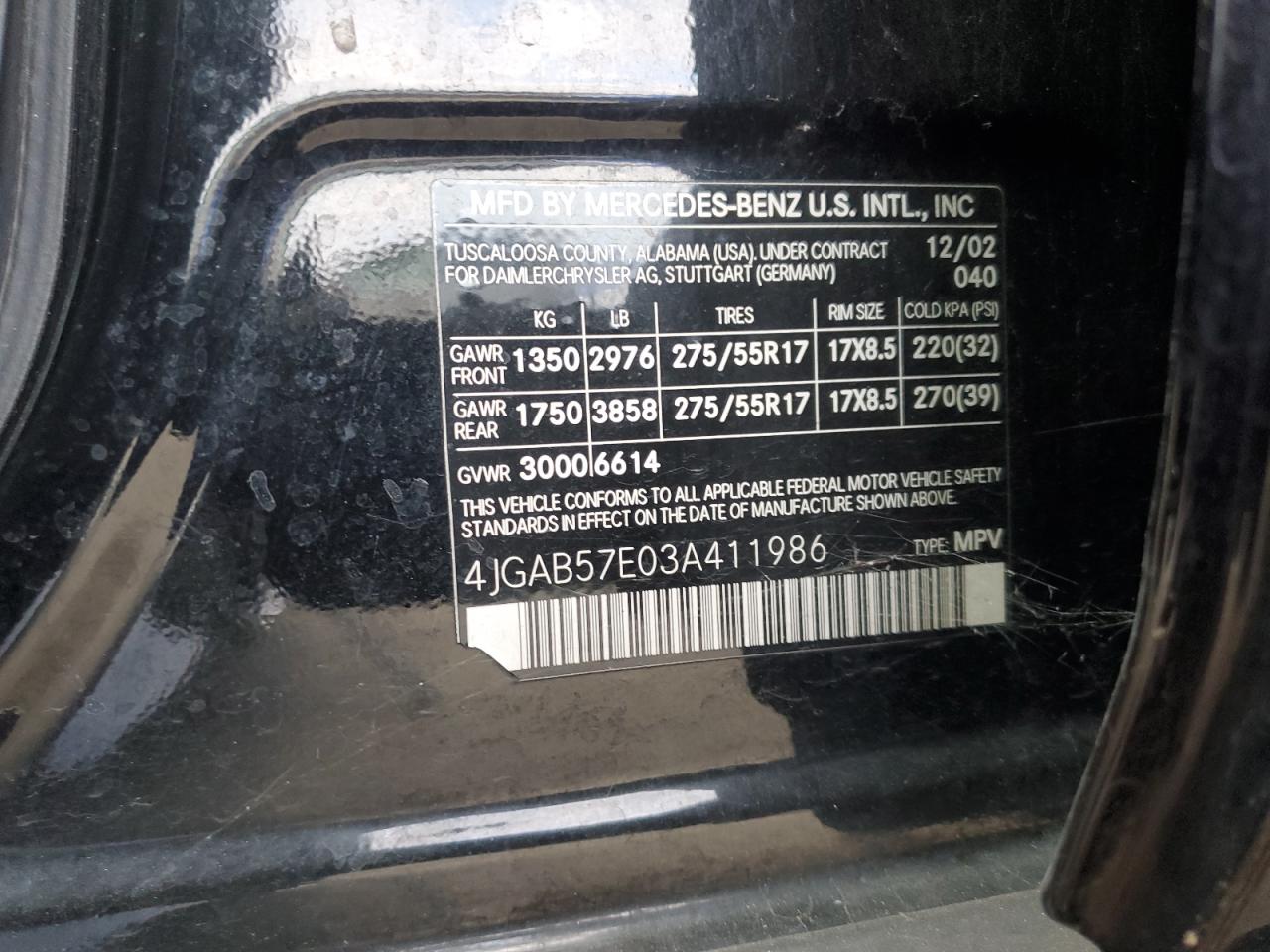 4JGAB57E03A411986 2003 Mercedes-Benz Ml 350