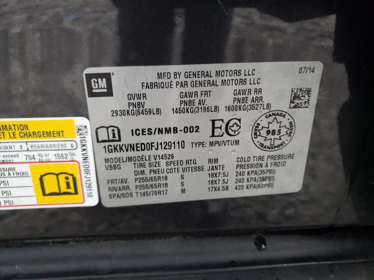 1GKKVNED0FJ129110 2015 GMC Acadia Sle