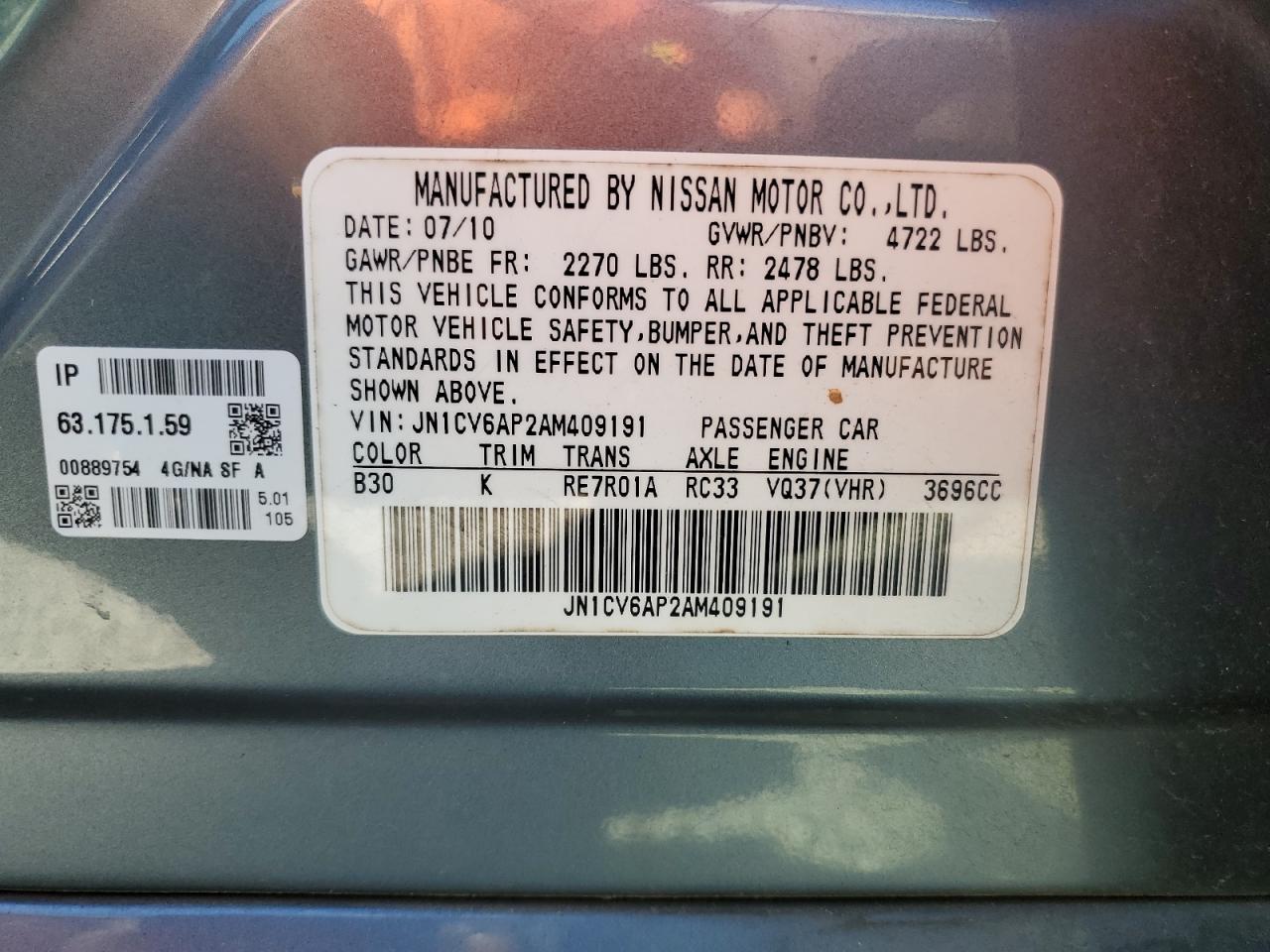 JN1CV6AP2AM409191 2010 Infiniti G37 Base