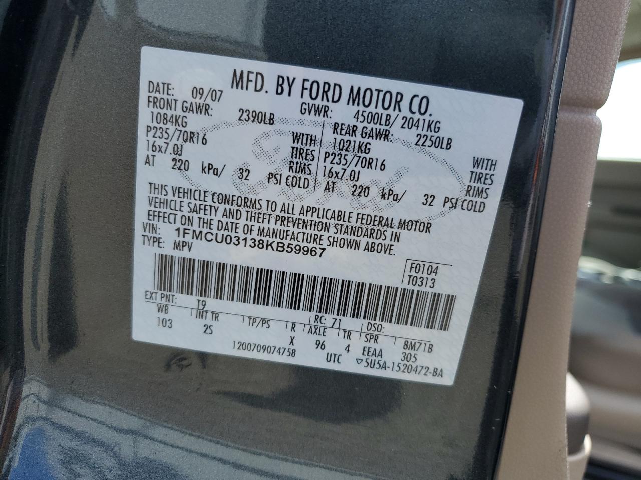 1FMCU03138KB59967 2008 Ford Escape Xlt