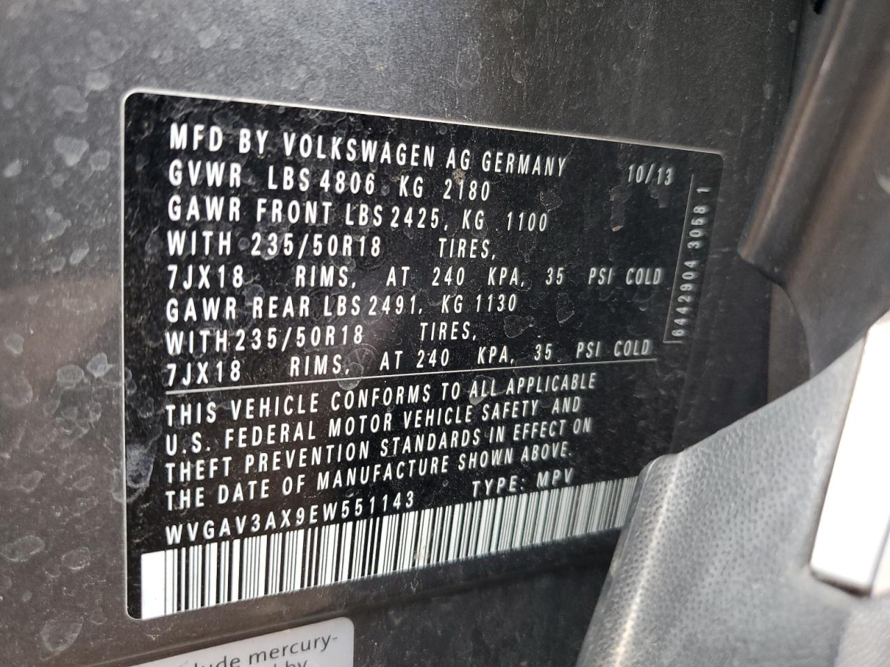 WVGAV3AX9EW551143 2014 Volkswagen Tiguan S