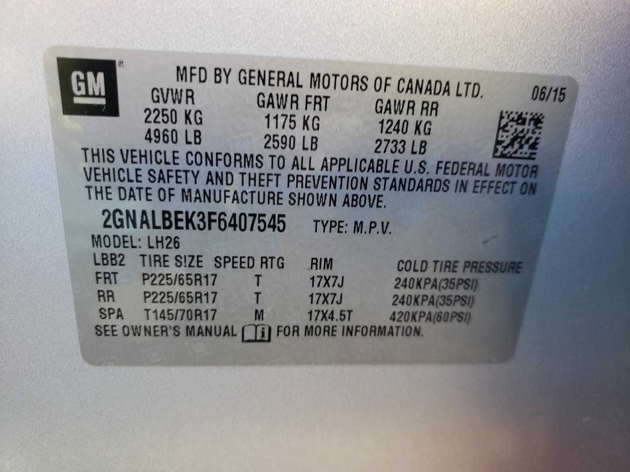 2GNALBEK3F6407545 2015 Chevrolet Equinox Lt