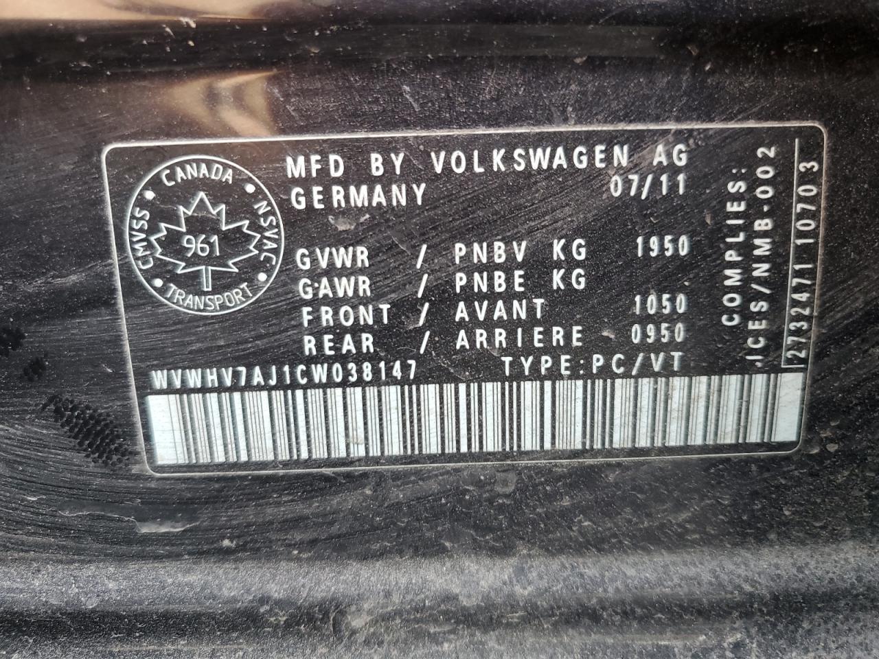 2012 Volkswagen Gti vin: WVWHV7AJ1CW038147