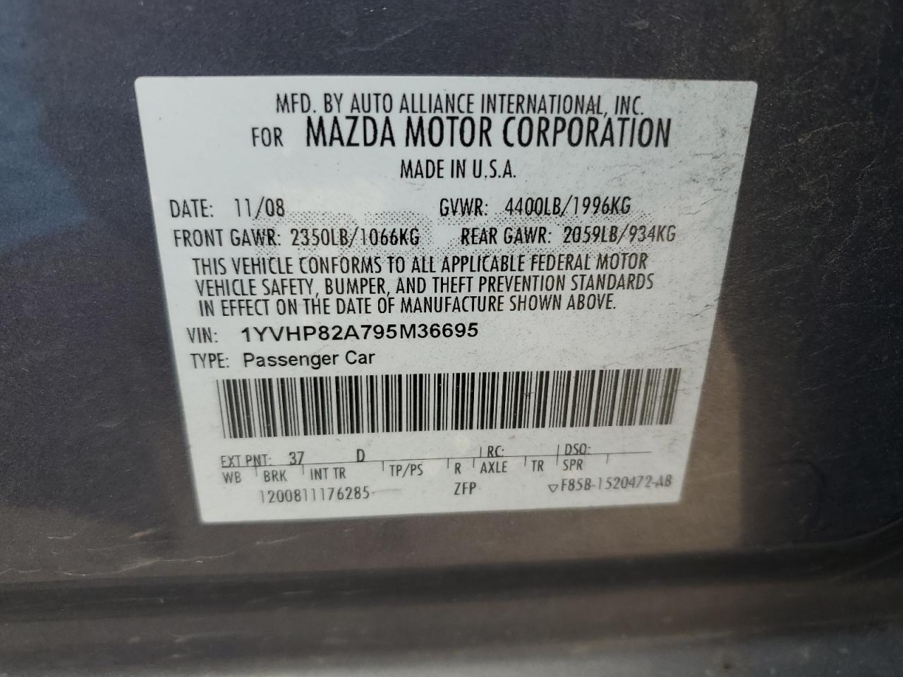 1YVHP82A795M36695 2009 Mazda 6 I