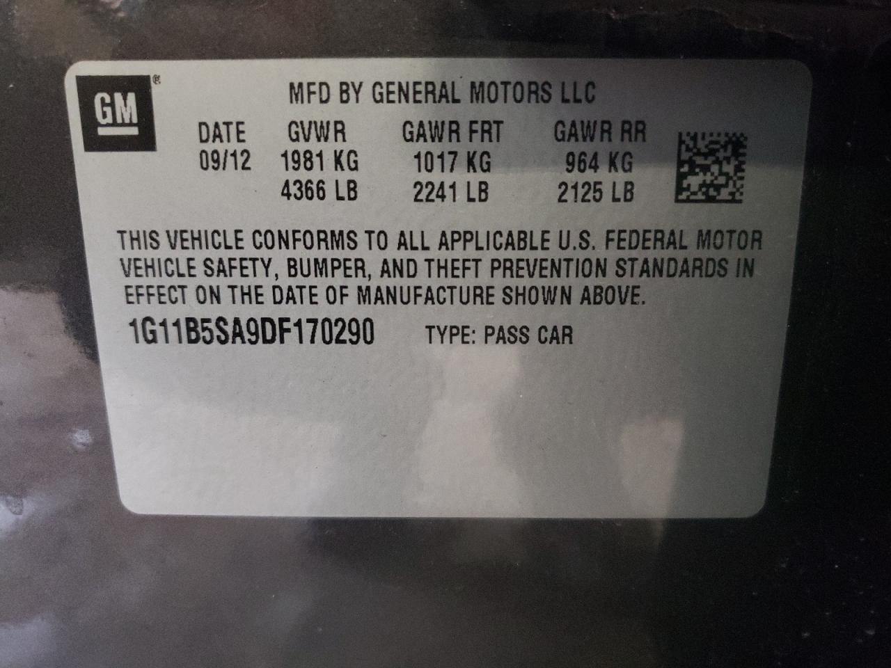 1G11B5SA9DF170290 2013 Chevrolet Malibu Ls