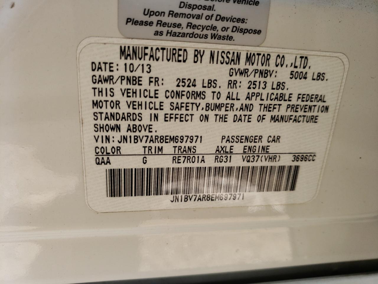 JN1BV7AR8EM697971 2014 Infiniti Q50 Base