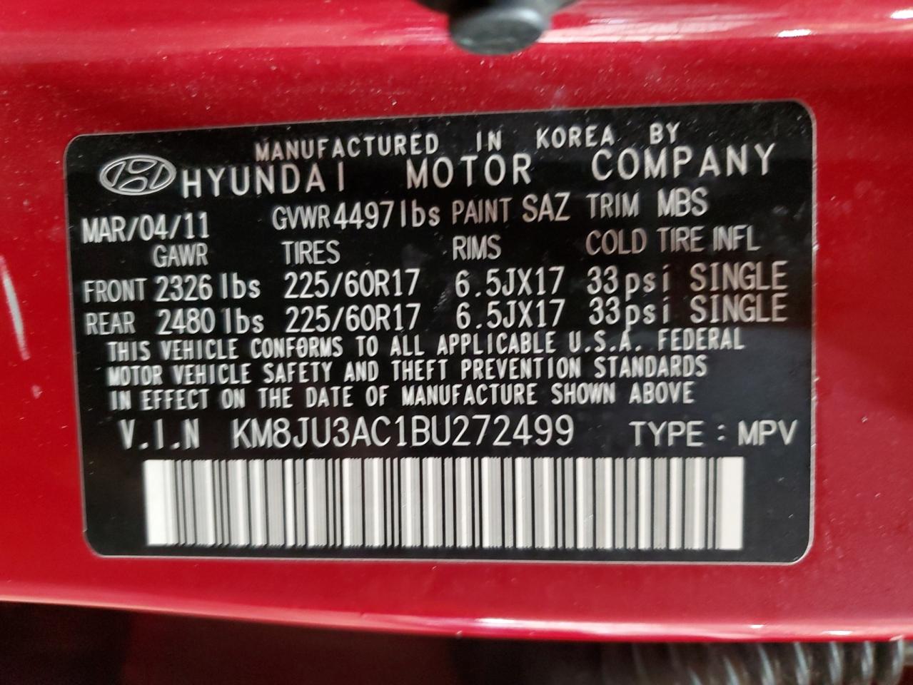 KM8JU3AC1BU272499 2011 Hyundai Tucson Gls