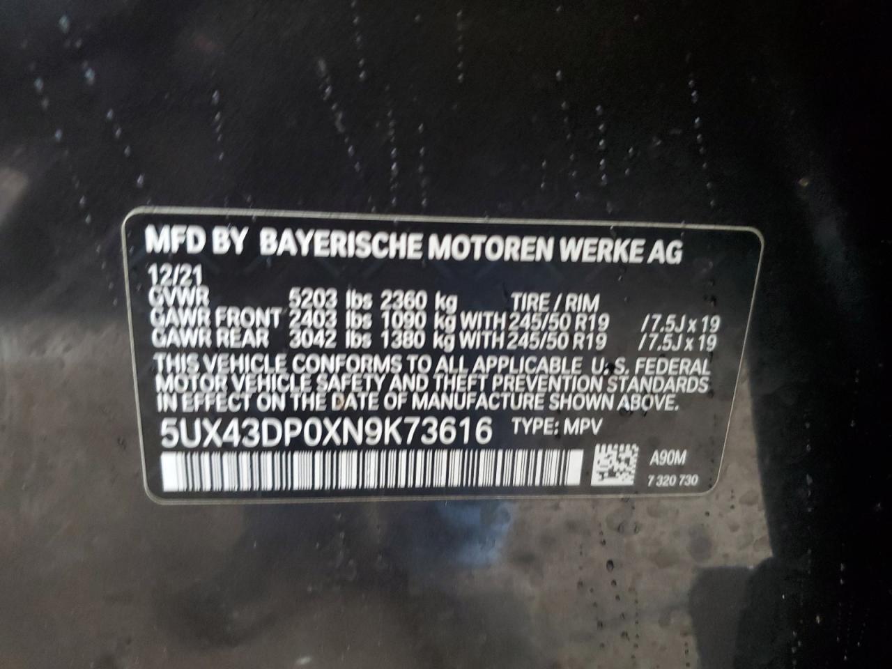 VIN: 5UX43DP0XN9K73616 2022 BMW X3
