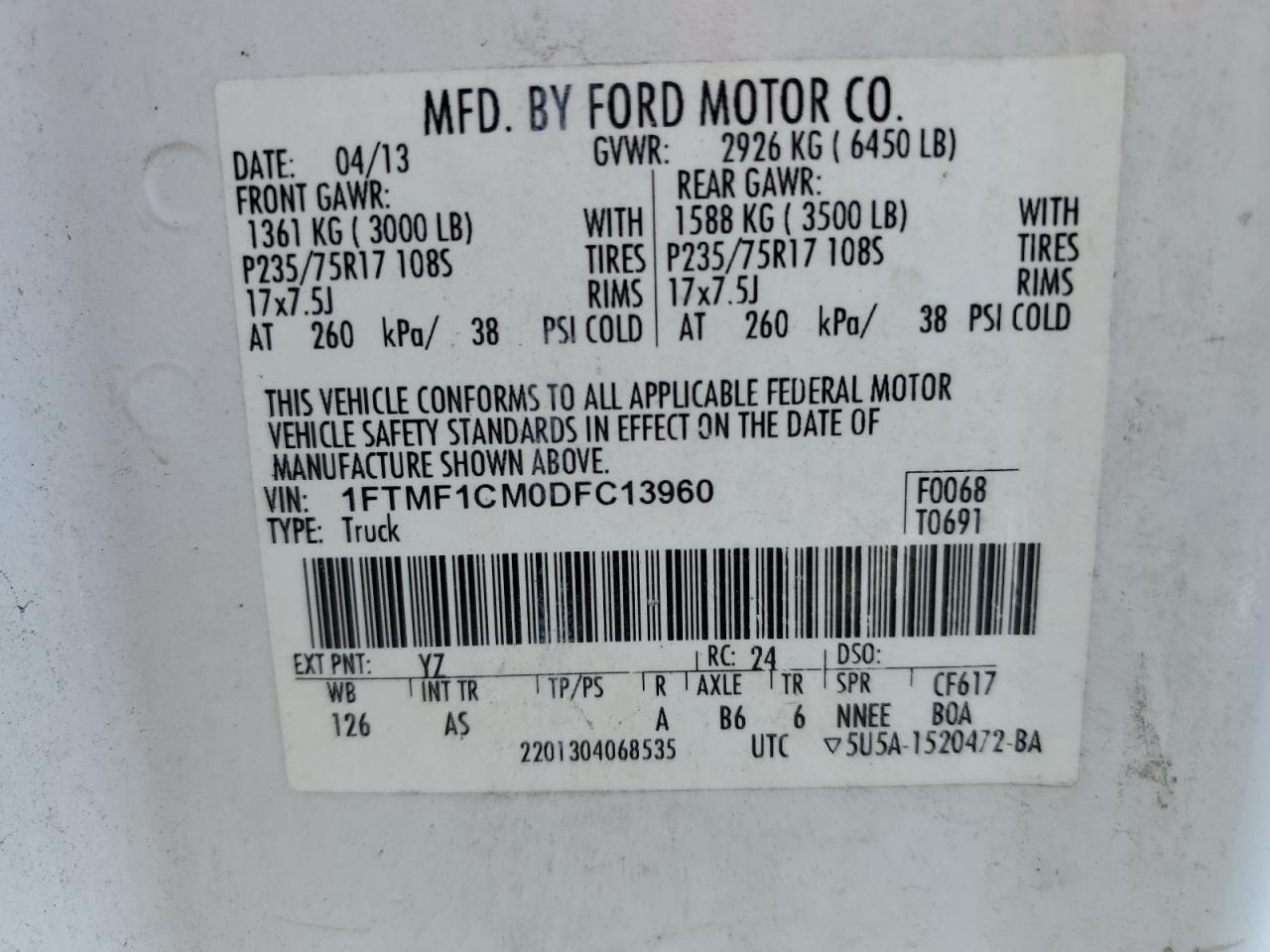 2013 Ford F150 vin: 1FTMF1CM0DFC13960