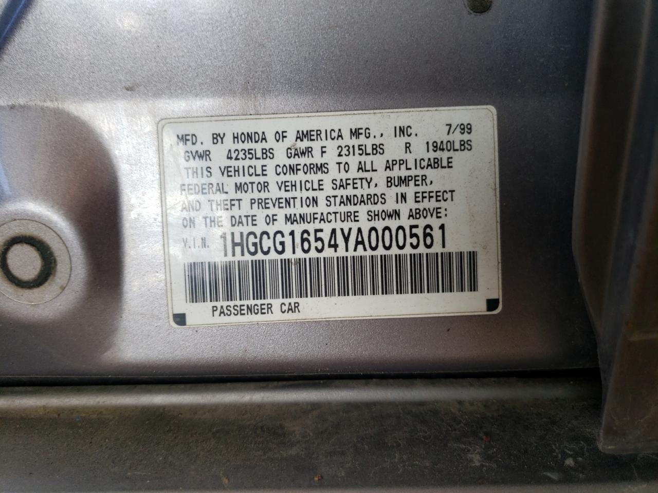 1HGCG1654YA000561 2000 Honda Accord Ex