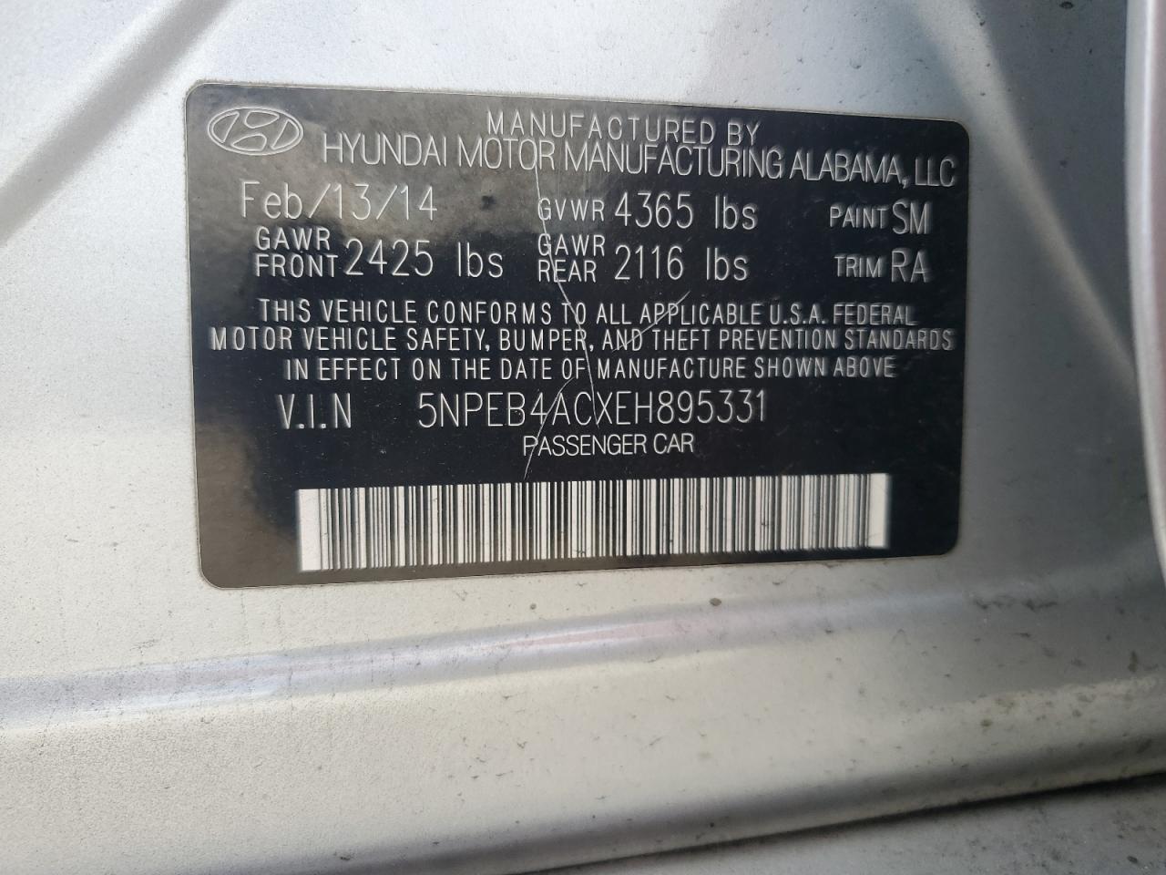 5NPEB4ACXEH895331 2014 Hyundai Sonata Gls