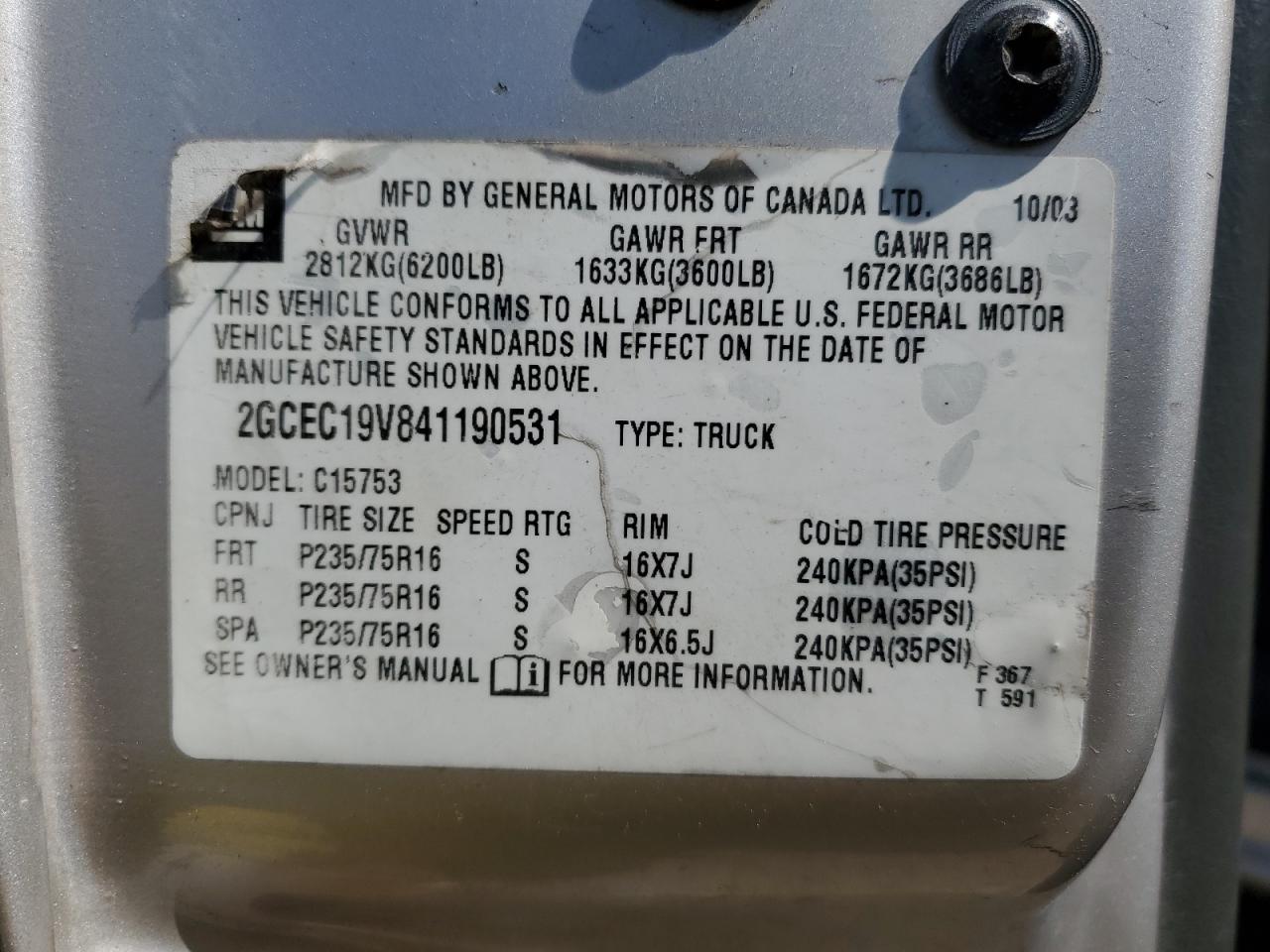 2GCEC19V841190531 2004 Chevrolet Silverado C1500