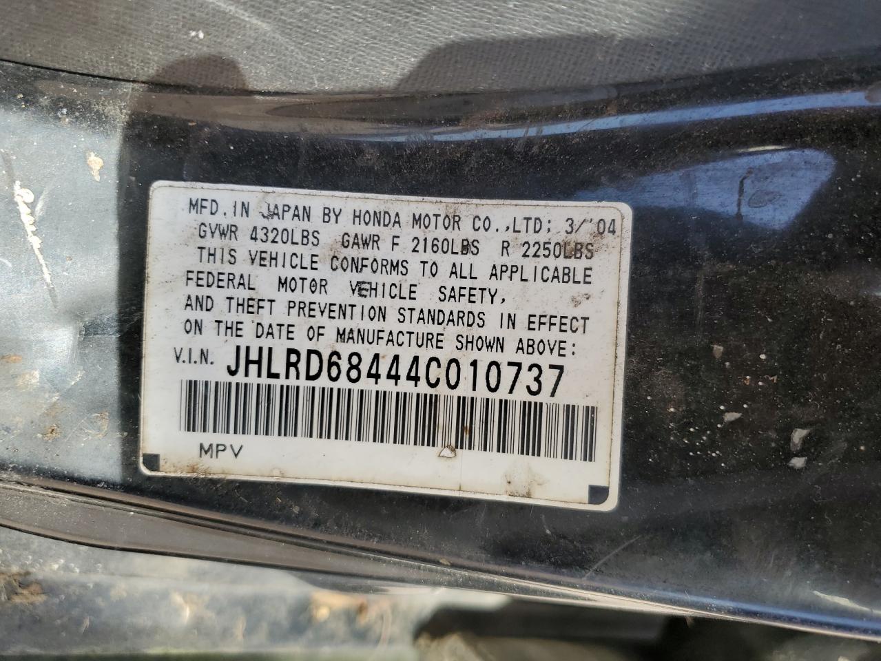 JHLRD68444C010737 2004 Honda Cr-V Lx