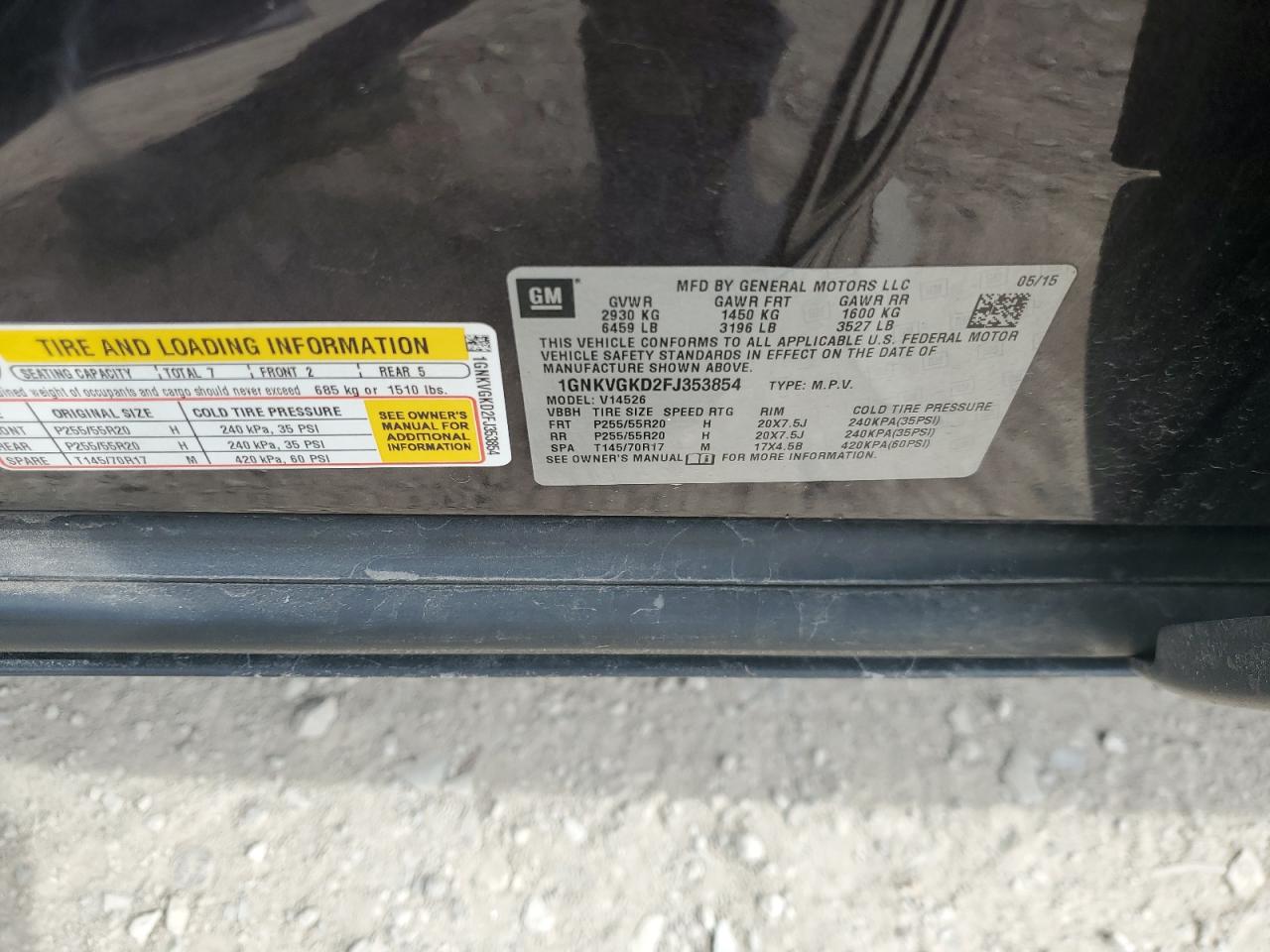 1GNKVGKD2FJ353854 2015 Chevrolet Traverse Lt