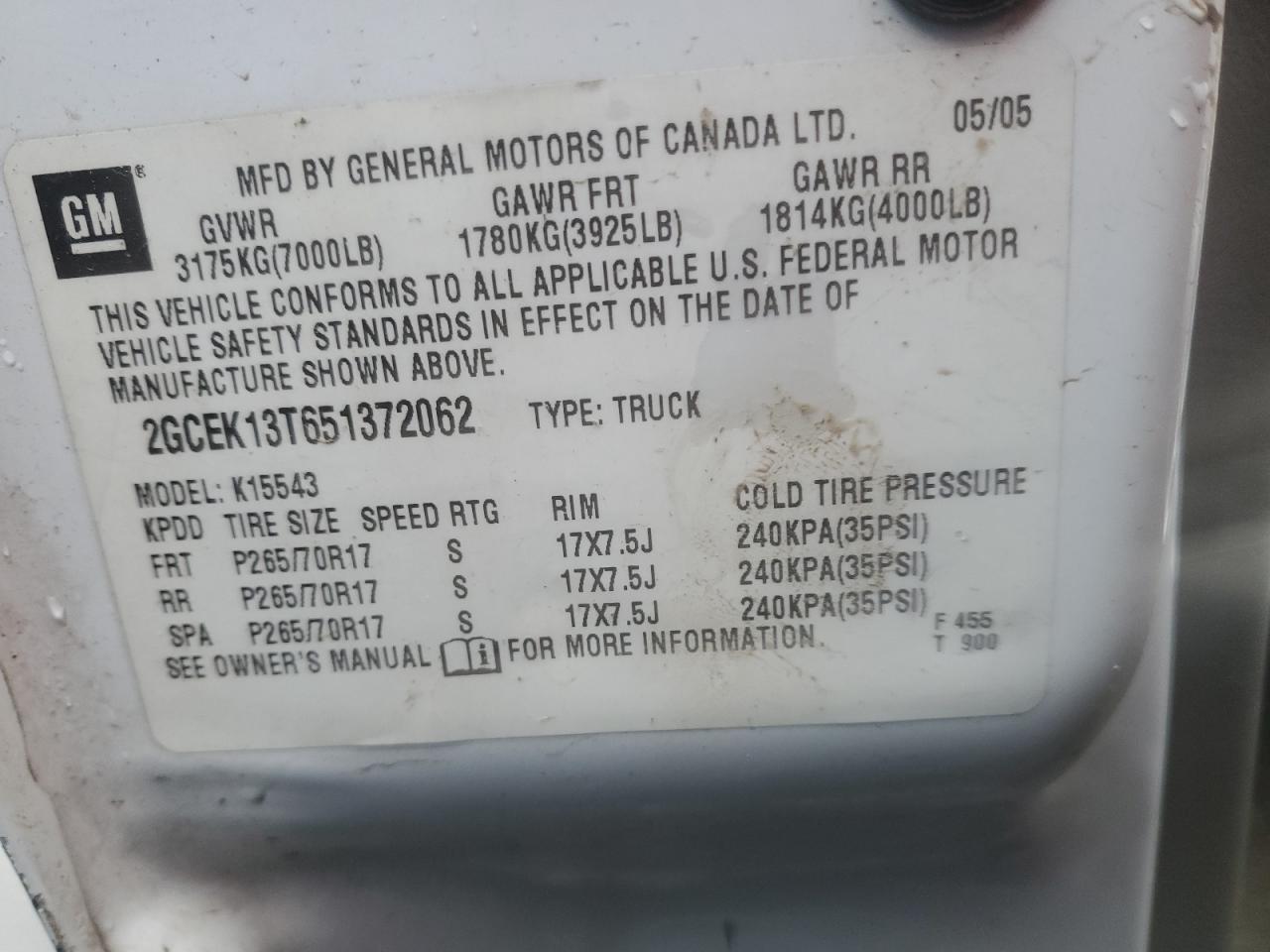 2GCEK13T651372062 2005 Chevrolet Silverado K1500