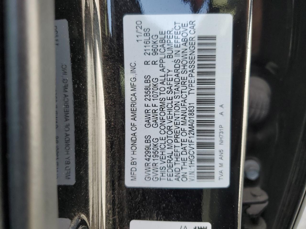 1HGCV1F12MA018831 2021 Honda Accord Lx