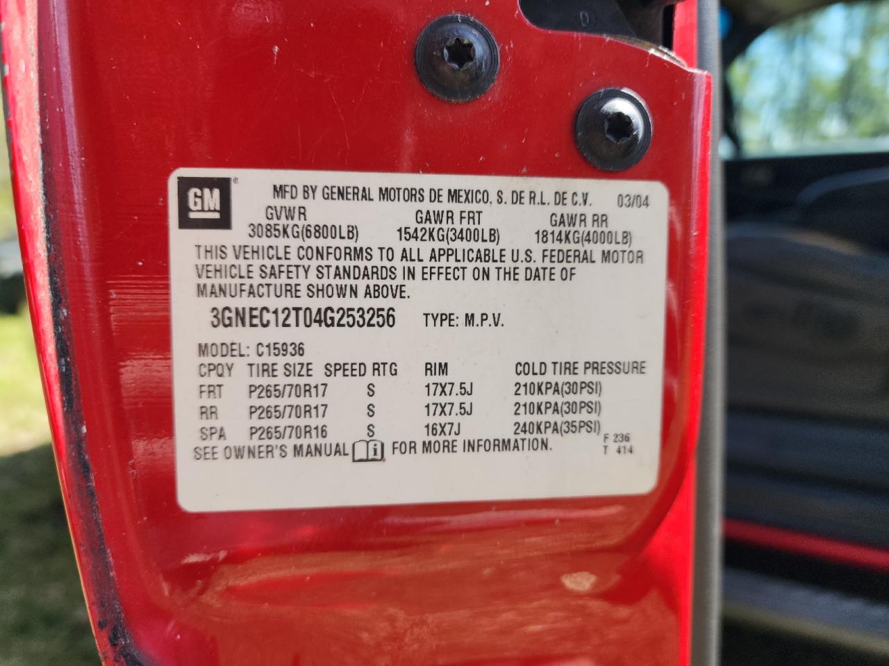 3gnec12t04g253256 3GNEC12T04G253256 2004 Chevrolet Avalanche C1500