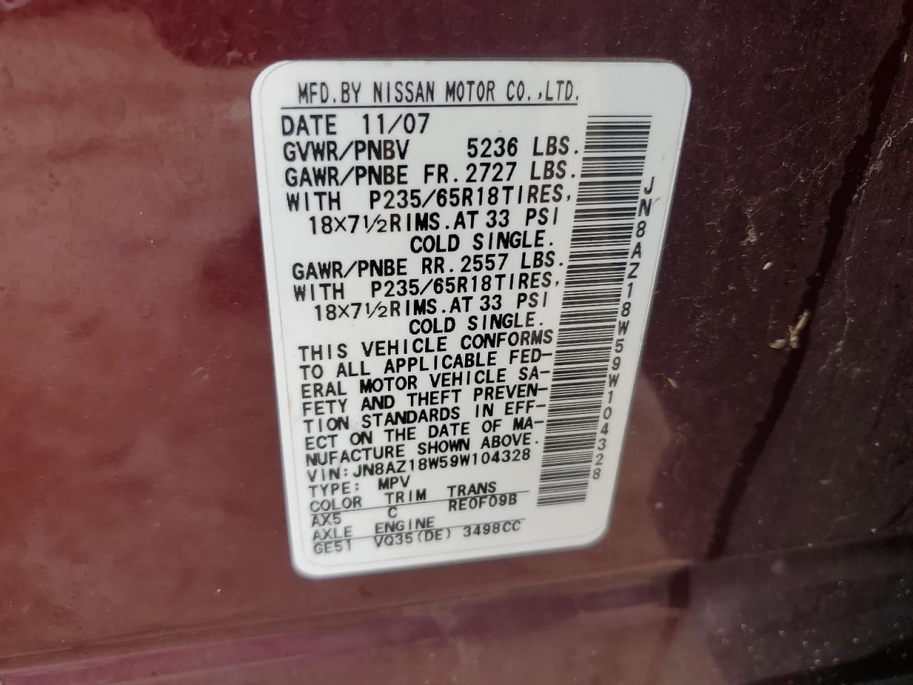 JN8AZ18W59W104328 2009 Nissan Murano S