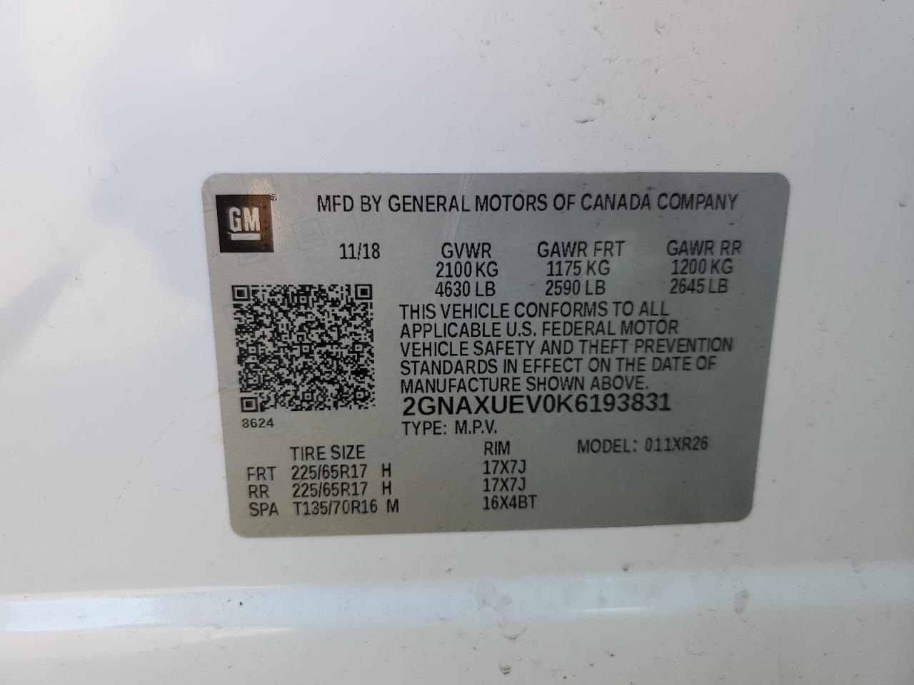 2019 Chevrolet Equinox Lt 1.5L(VIN: 2GNAXUEV0K6193831