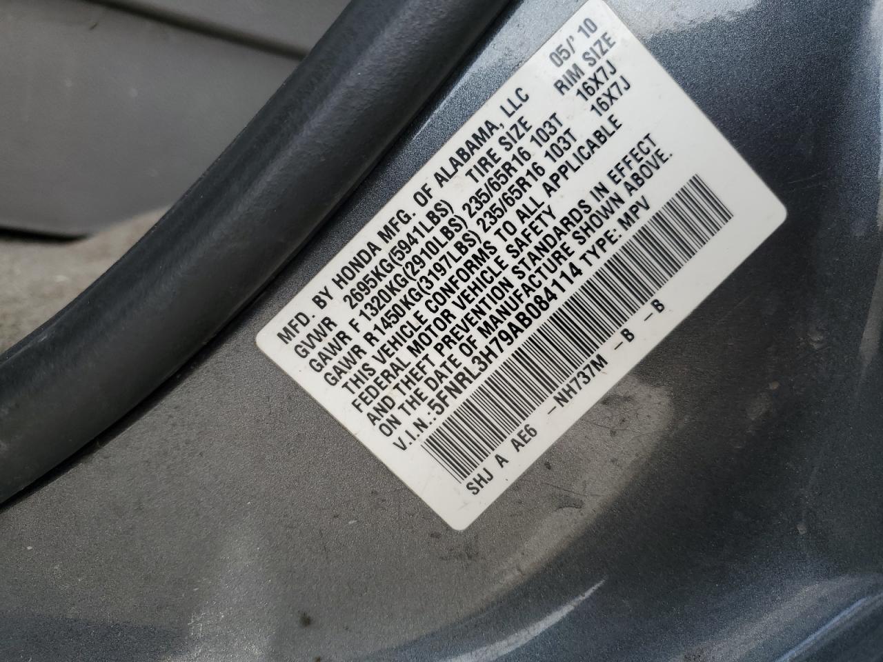 5FNRL3H79AB084114 2010 Honda Odyssey Exl