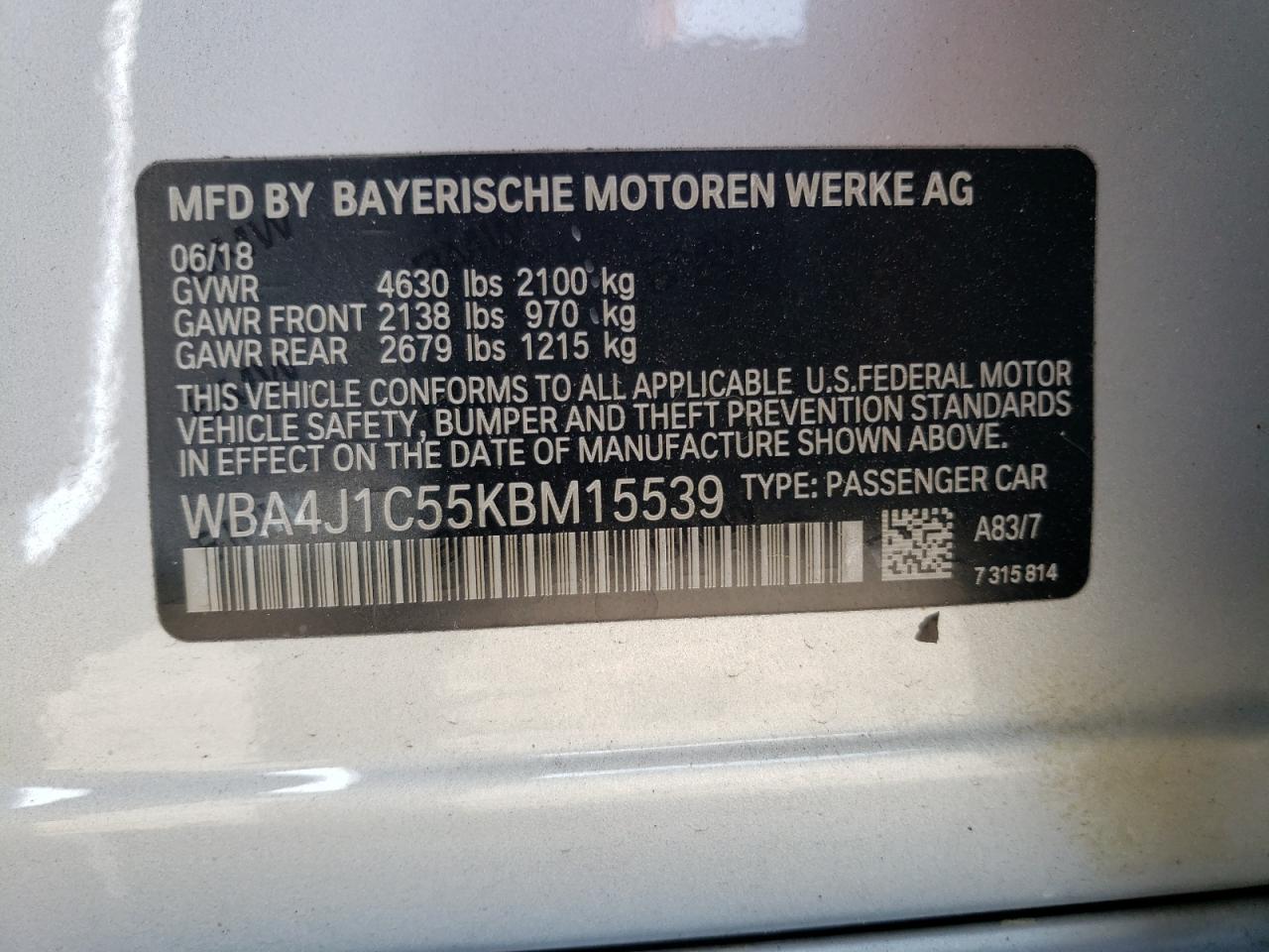 2019 BMW 430I Gran 2.0L(VIN: WBA4J1C55KBM15539