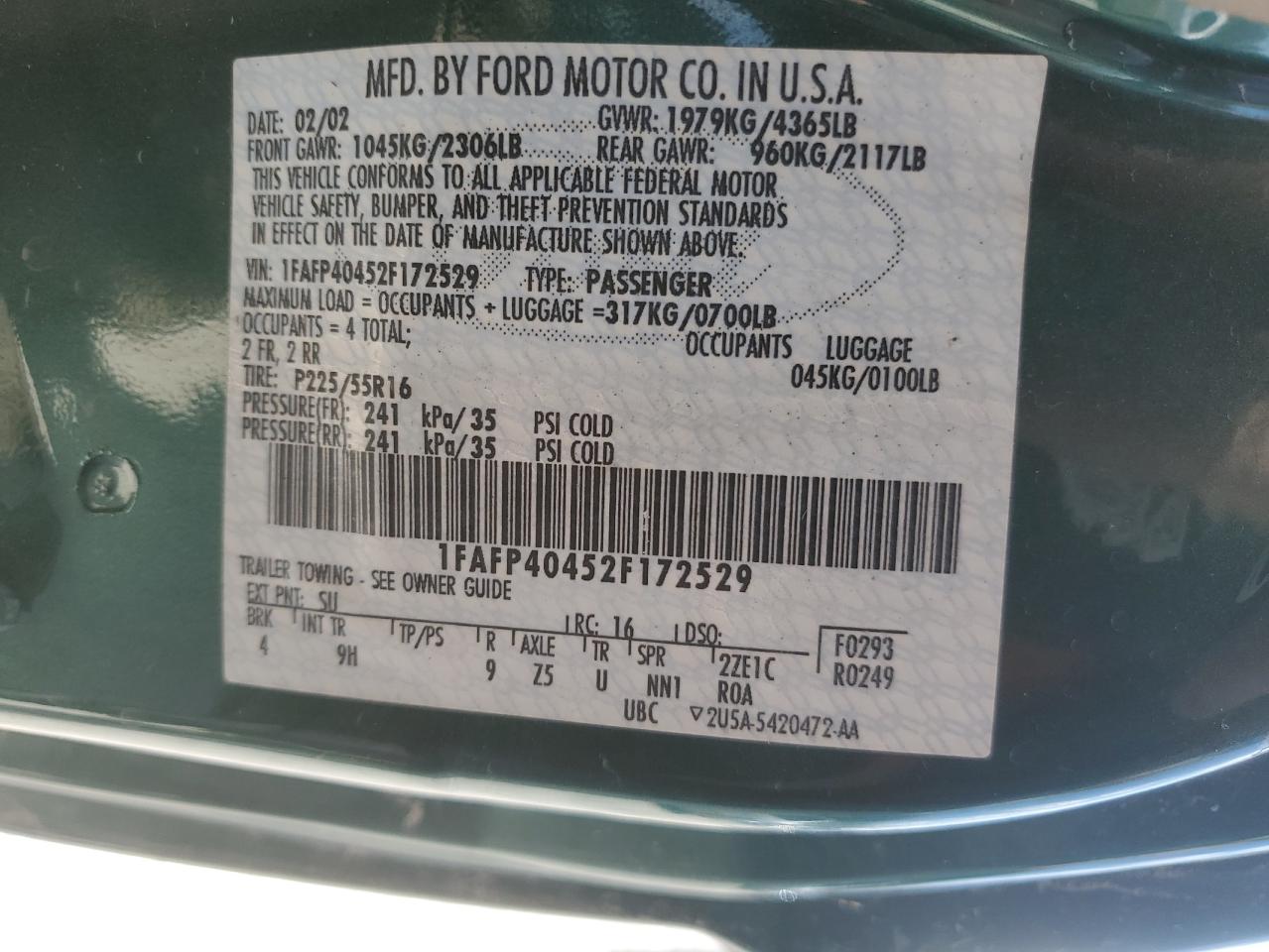 1FAFP40452F172529 2002 Ford Mustang